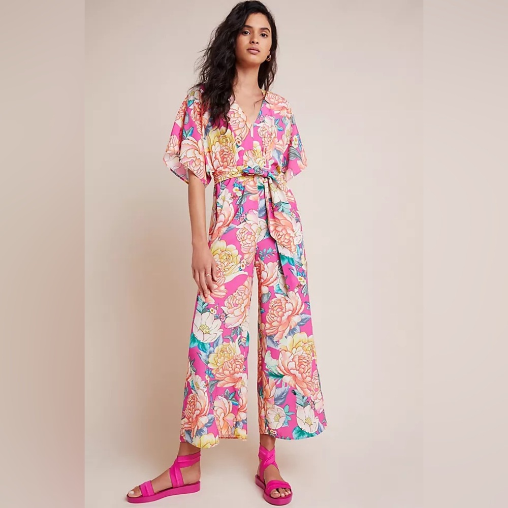 Anthropologie x Farm Rio NWT pink floral belted Wide-Leg Jumpsuit M